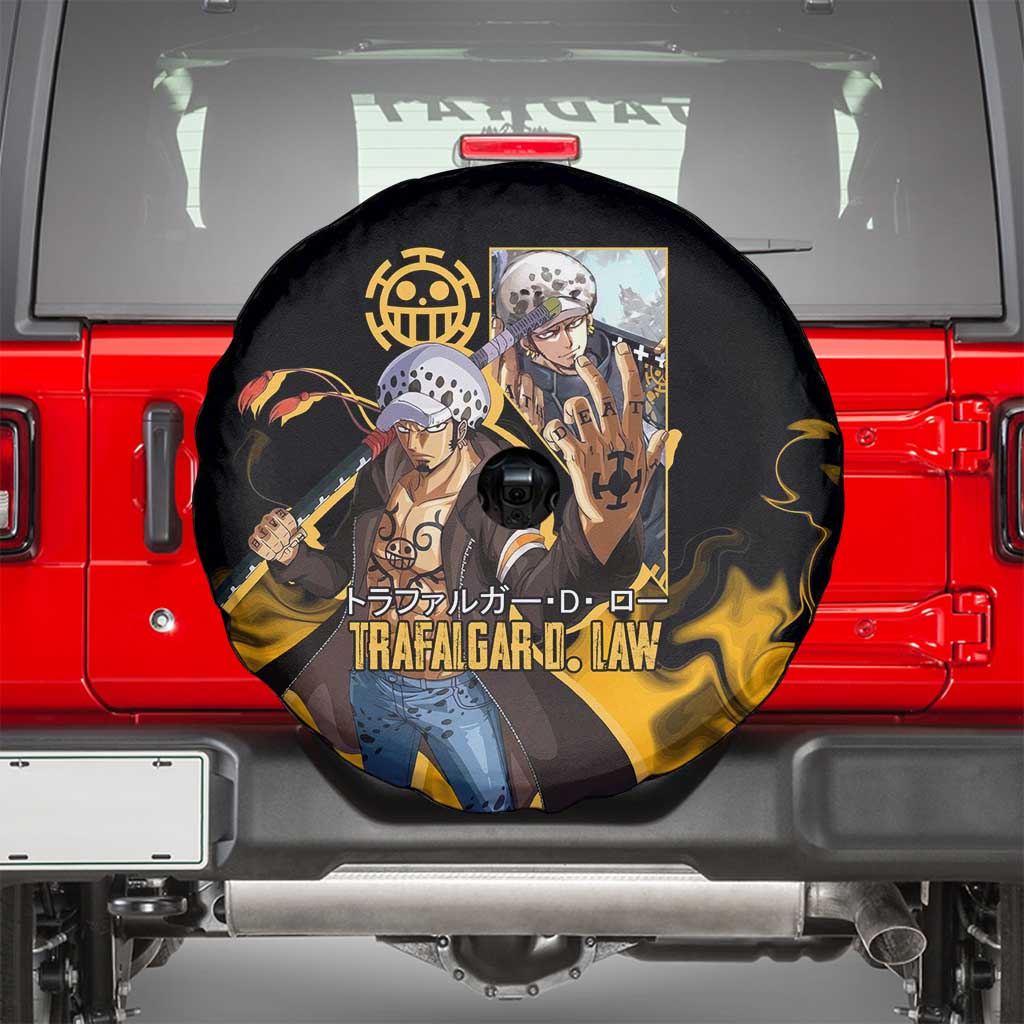 Trafalgar D. Law One Piece Black and Yellow Theme Spare Tire Cover with Heart Pirates Symbol and Flame Pattern Design - The Mazicc