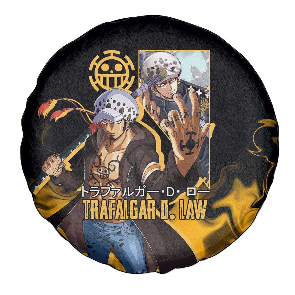 Trafalgar D. Law One Piece Black and Yellow Theme Spare Tire Cover with Heart Pirates Symbol and Flame Pattern Design - The Mazicc