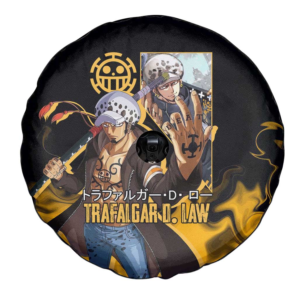 Trafalgar D. Law One Piece Black and Yellow Theme Spare Tire Cover with Heart Pirates Symbol and Flame Pattern Design - The Mazicc