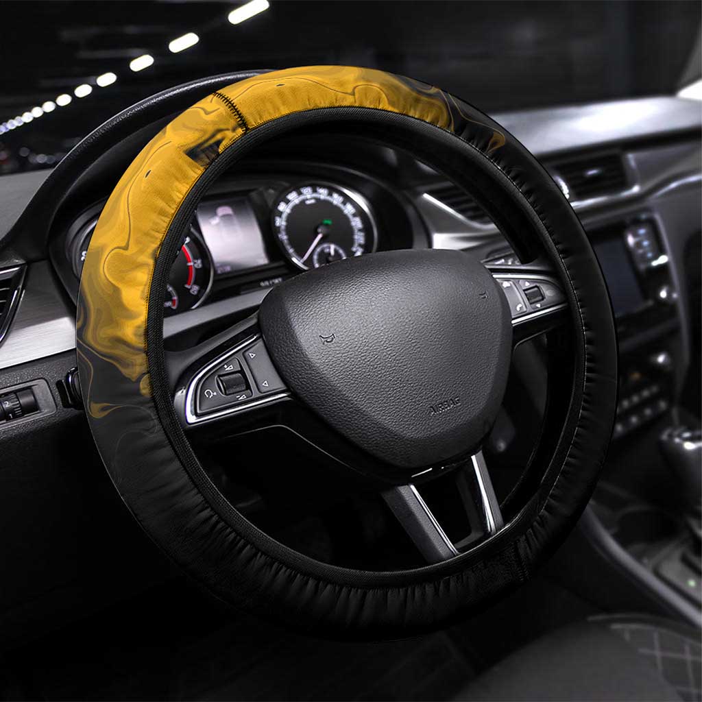 Trafalgar D. Law One Piece Black and Yellow Theme Steering Wheel Cover with Heart Pirates Symbol and Flame Pattern Design - The Mazicc