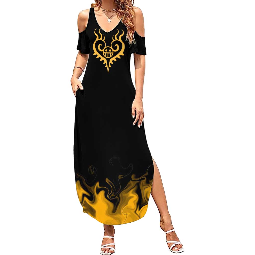 Trafalgar D. Law One Piece Black and Yellow Theme Summer Maxi Dress with Heart Pirates Symbol and Flame Pattern Design - The Mazicc
