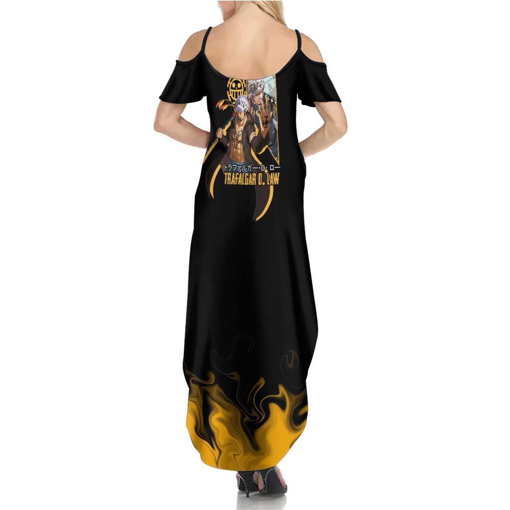Trafalgar D. Law One Piece Black and Yellow Theme Summer Maxi Dress with Heart Pirates Symbol and Flame Pattern Design - The Mazicc