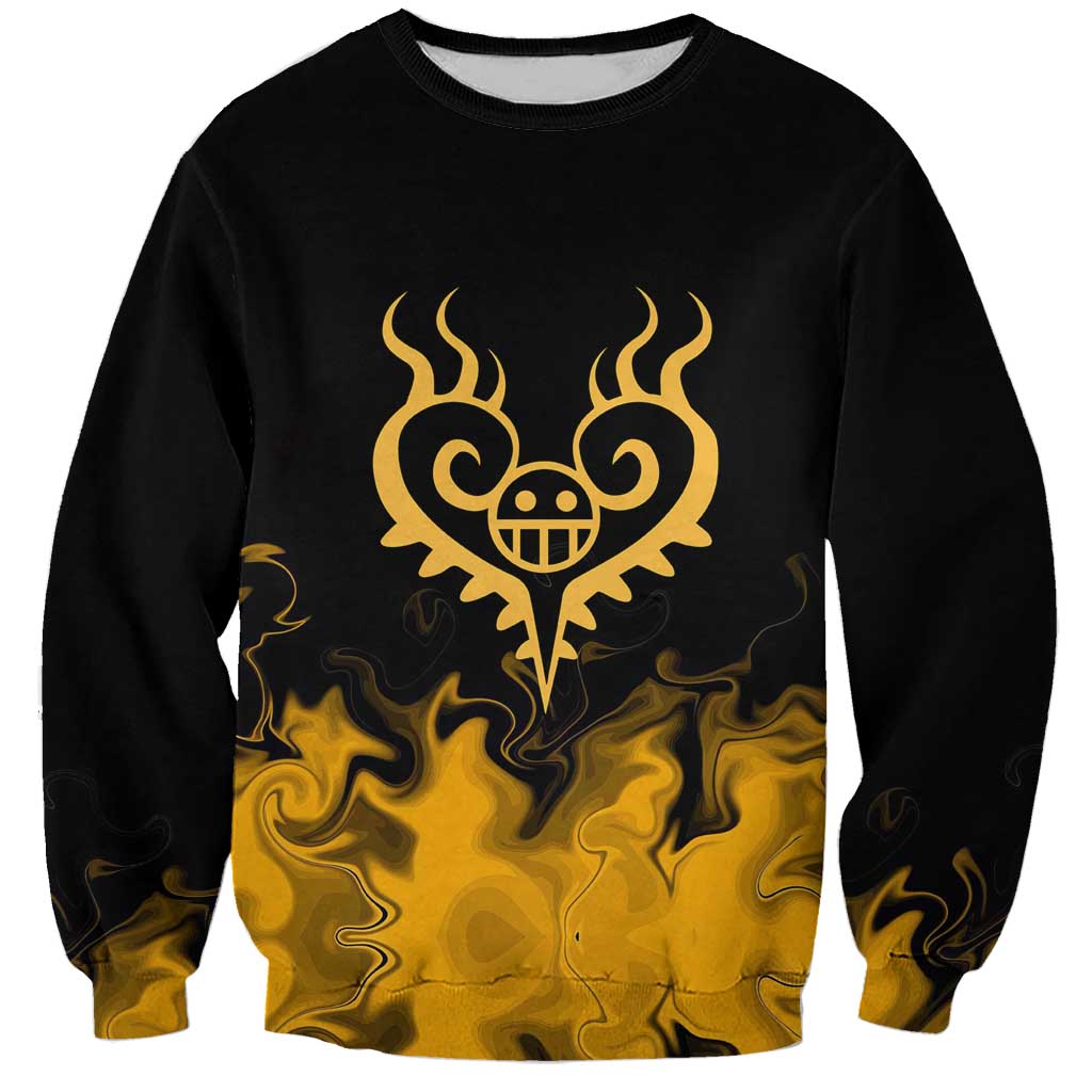 Trafalgar D. Law One Piece Black and Yellow Theme Sweatshirt with Heart Pirates Symbol and Flame Pattern Design - The Mazicc