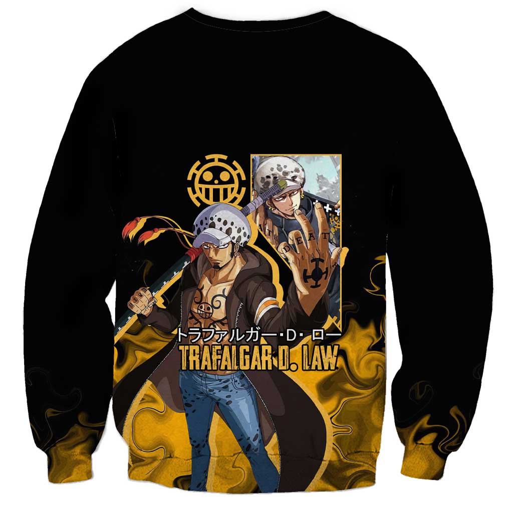Trafalgar D. Law One Piece Black and Yellow Theme Sweatshirt with Heart Pirates Symbol and Flame Pattern Design - The Mazicc