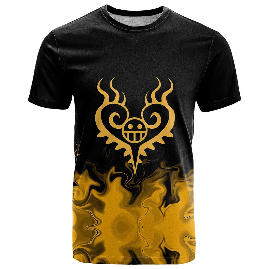 Trafalgar D. Law One Piece Black and Yellow Theme T Shirt with Heart Pirates Symbol and Flame Pattern Design - The Mazicc