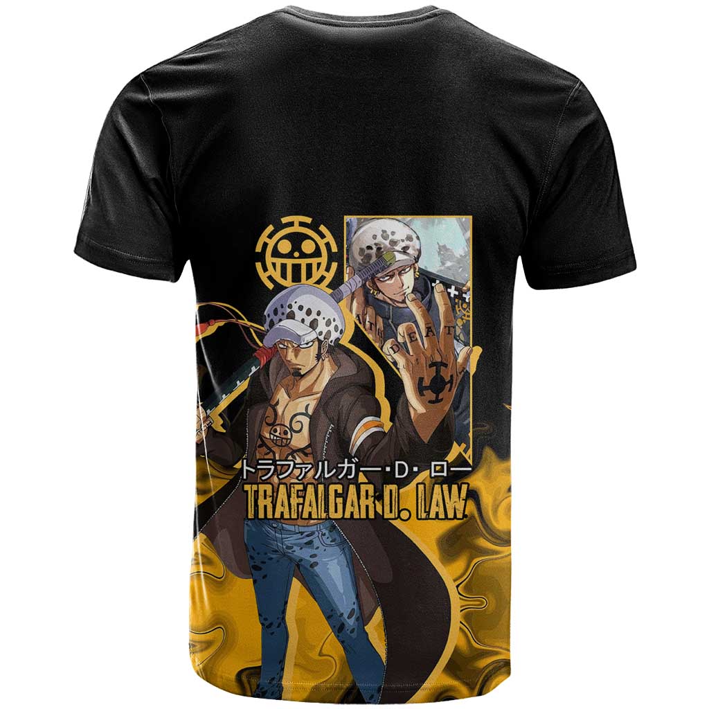 Trafalgar D. Law One Piece Black and Yellow Theme T Shirt with Heart Pirates Symbol and Flame Pattern Design - The Mazicc