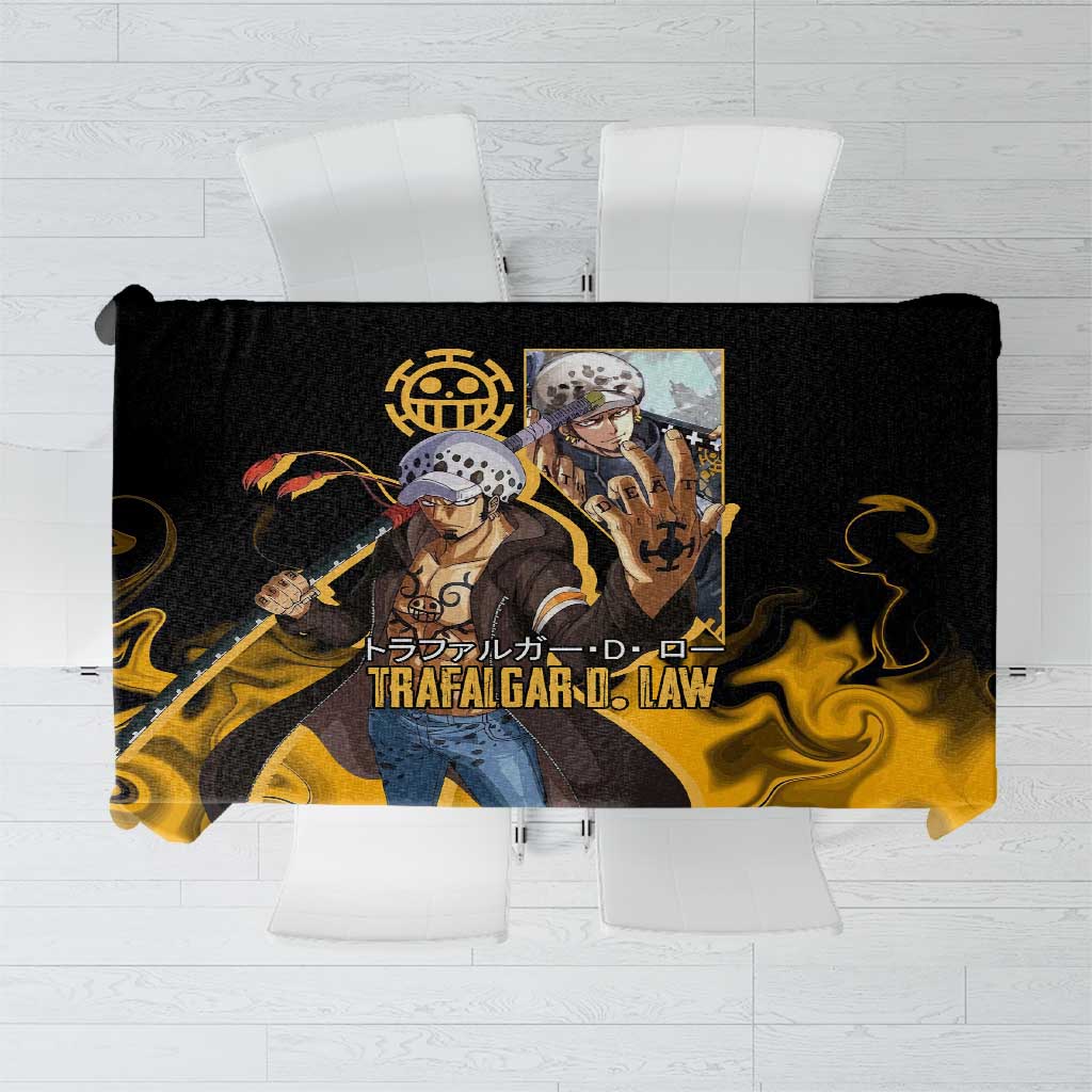 Trafalgar D. Law One Piece Black and Yellow Theme Tablecloth with Heart Pirates Symbol and Flame Pattern Design - The Mazicc