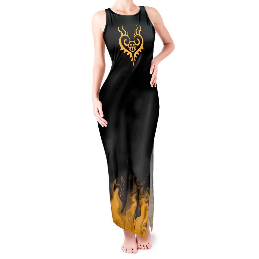 Trafalgar D. Law One Piece Black and Yellow Theme Tank Maxi Dress with Heart Pirates Symbol and Flame Pattern Design - The Mazicc