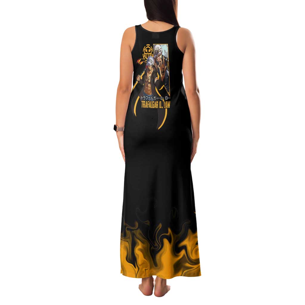 Trafalgar D. Law One Piece Black and Yellow Theme Tank Maxi Dress with Heart Pirates Symbol and Flame Pattern Design - The Mazicc