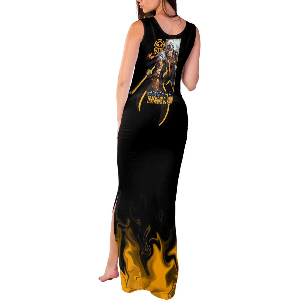 Trafalgar D. Law One Piece Black and Yellow Theme Tank Maxi Dress with Heart Pirates Symbol and Flame Pattern Design - The Mazicc