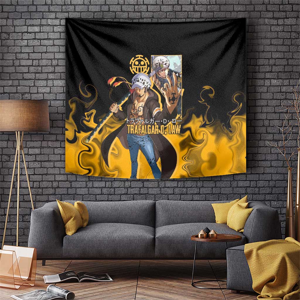 Trafalgar D. Law One Piece Black and Yellow Theme Tapestry with Heart Pirates Symbol and Flame Pattern Design - The Mazicc