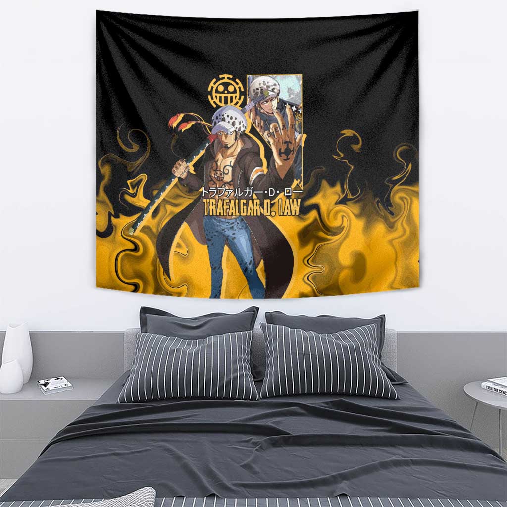 Trafalgar D. Law One Piece Black and Yellow Theme Tapestry with Heart Pirates Symbol and Flame Pattern Design - The Mazicc