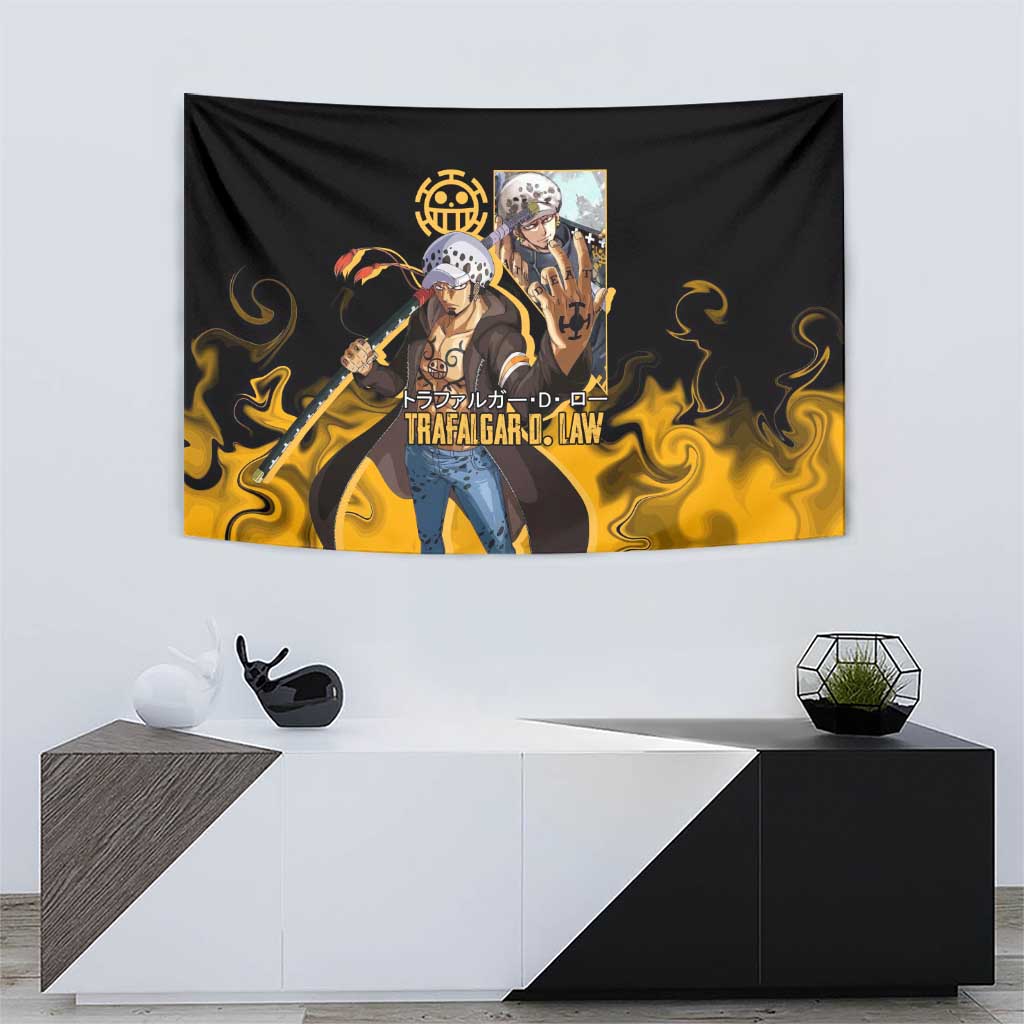 Trafalgar D. Law One Piece Black and Yellow Theme Tapestry with Heart Pirates Symbol and Flame Pattern Design - The Mazicc
