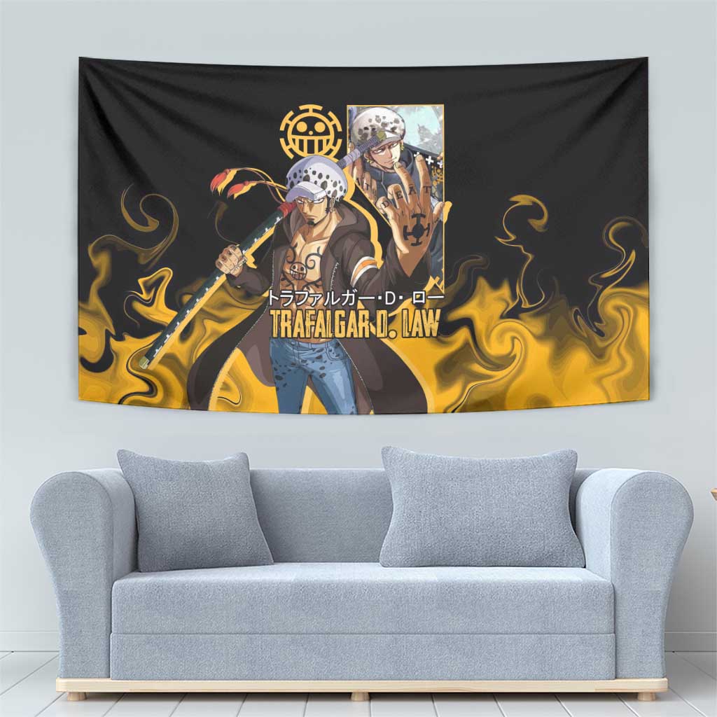 Trafalgar D. Law One Piece Black and Yellow Theme Tapestry with Heart Pirates Symbol and Flame Pattern Design - The Mazicc