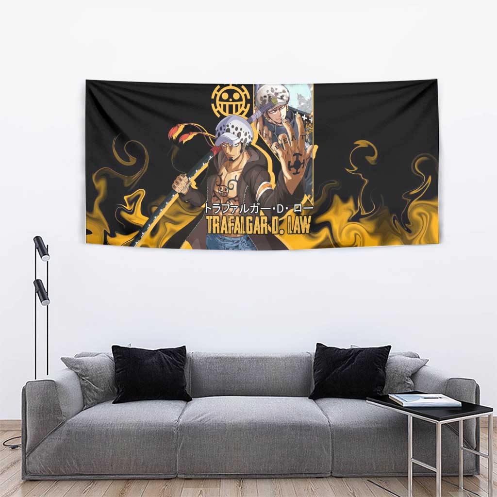 Trafalgar D. Law One Piece Black and Yellow Theme Tapestry with Heart Pirates Symbol and Flame Pattern Design - The Mazicc