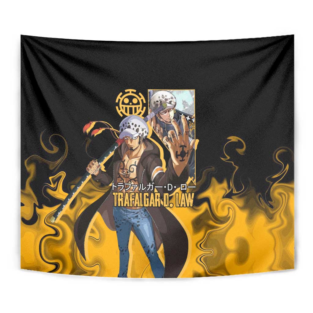 Trafalgar D. Law One Piece Black and Yellow Theme Tapestry with Heart Pirates Symbol and Flame Pattern Design - The Mazicc