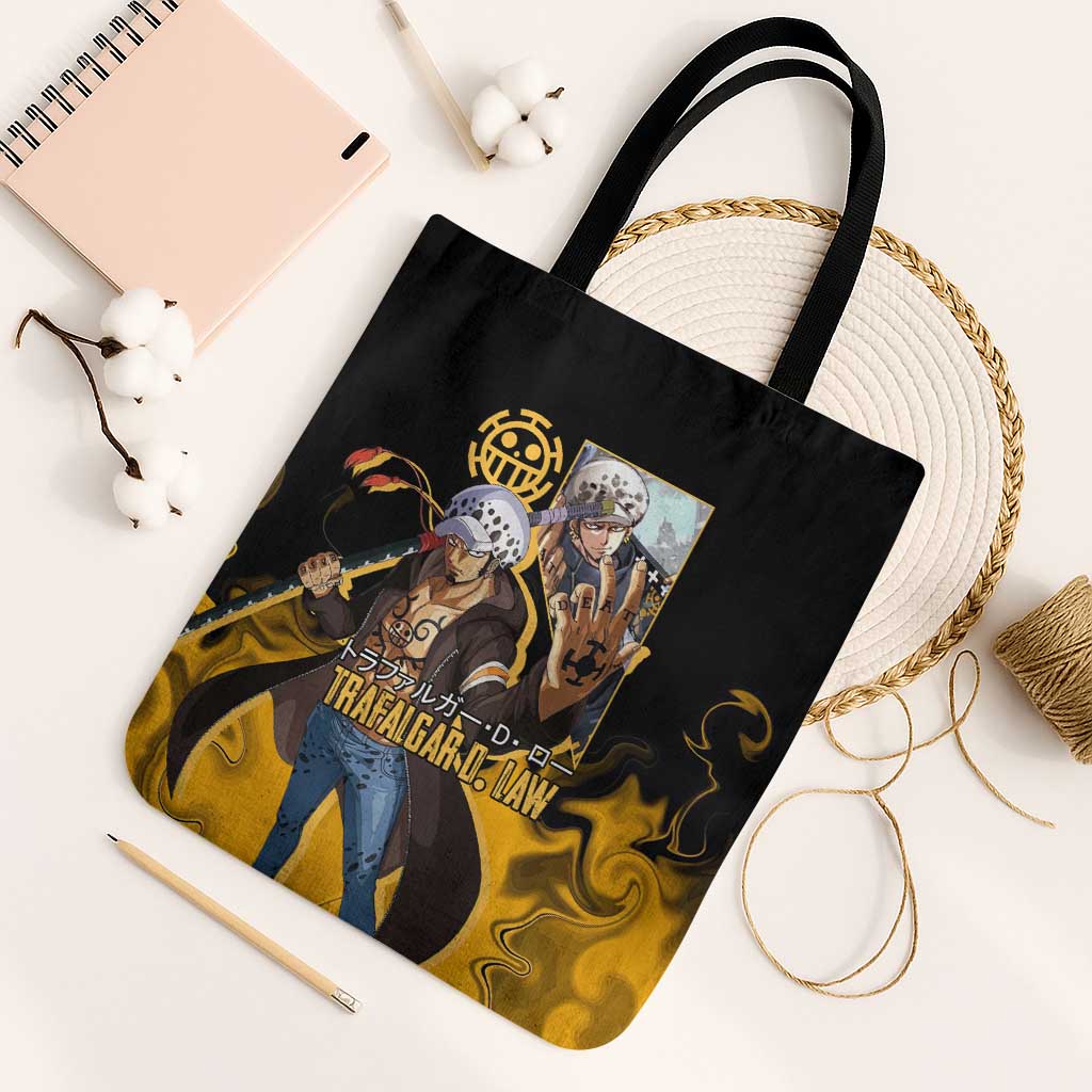 Trafalgar D. Law One Piece Black and Yellow Theme Tote Bag with Heart Pirates Symbol and Flame Pattern Design - The Mazicc
