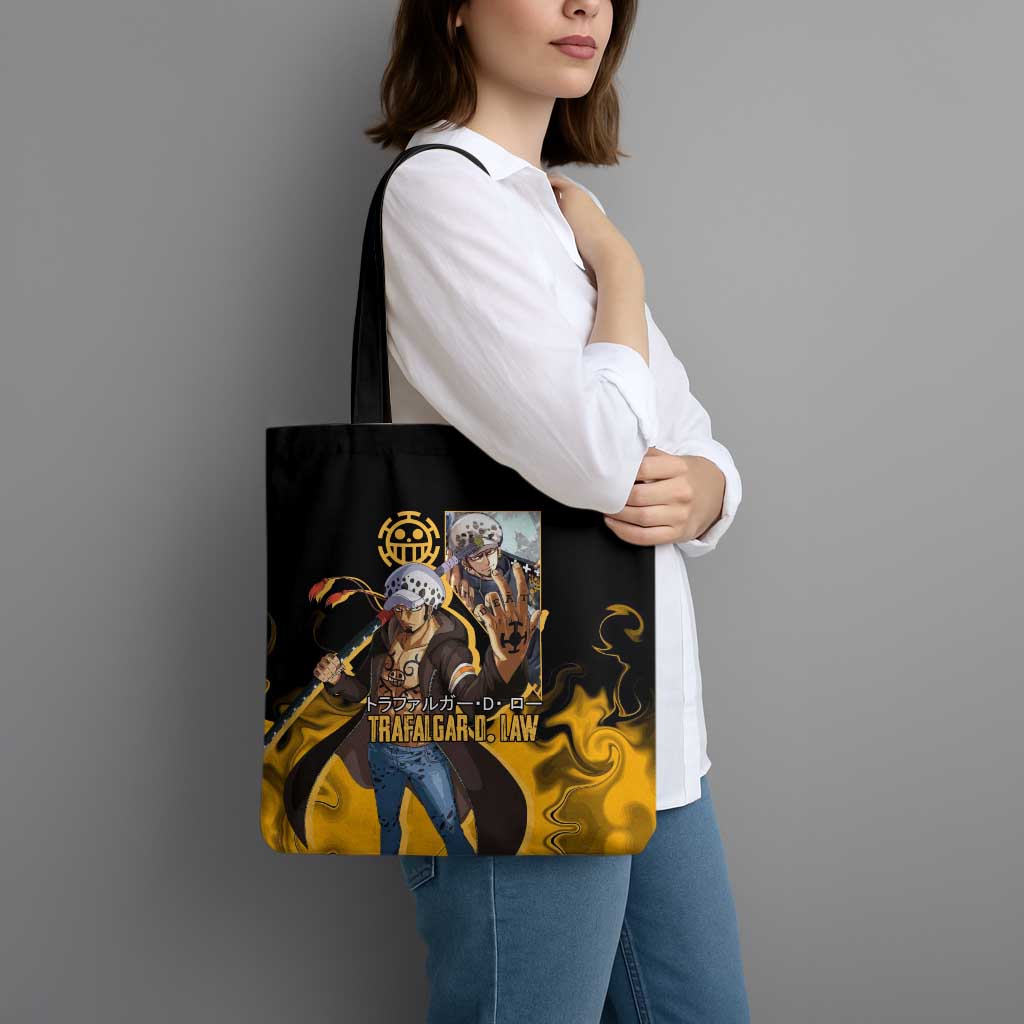 Trafalgar D. Law One Piece Black and Yellow Theme Tote Bag with Heart Pirates Symbol and Flame Pattern Design - The Mazicc