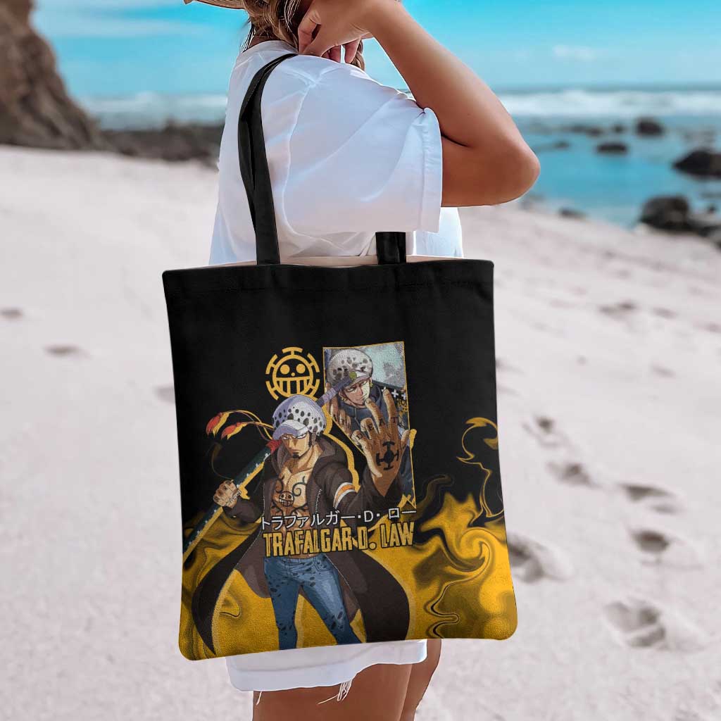 Trafalgar D. Law One Piece Black and Yellow Theme Tote Bag with Heart Pirates Symbol and Flame Pattern Design - The Mazicc