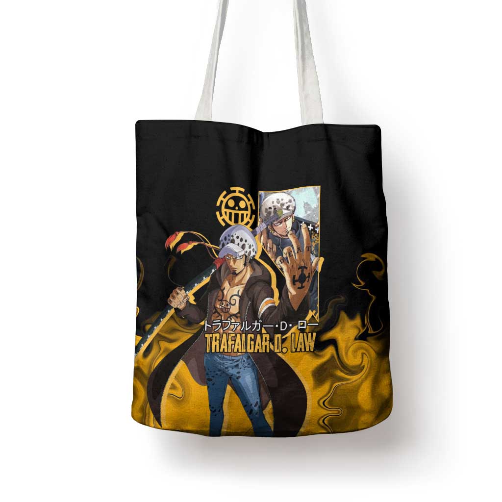 Trafalgar D. Law One Piece Black and Yellow Theme Tote Bag with Heart Pirates Symbol and Flame Pattern Design - The Mazicc
