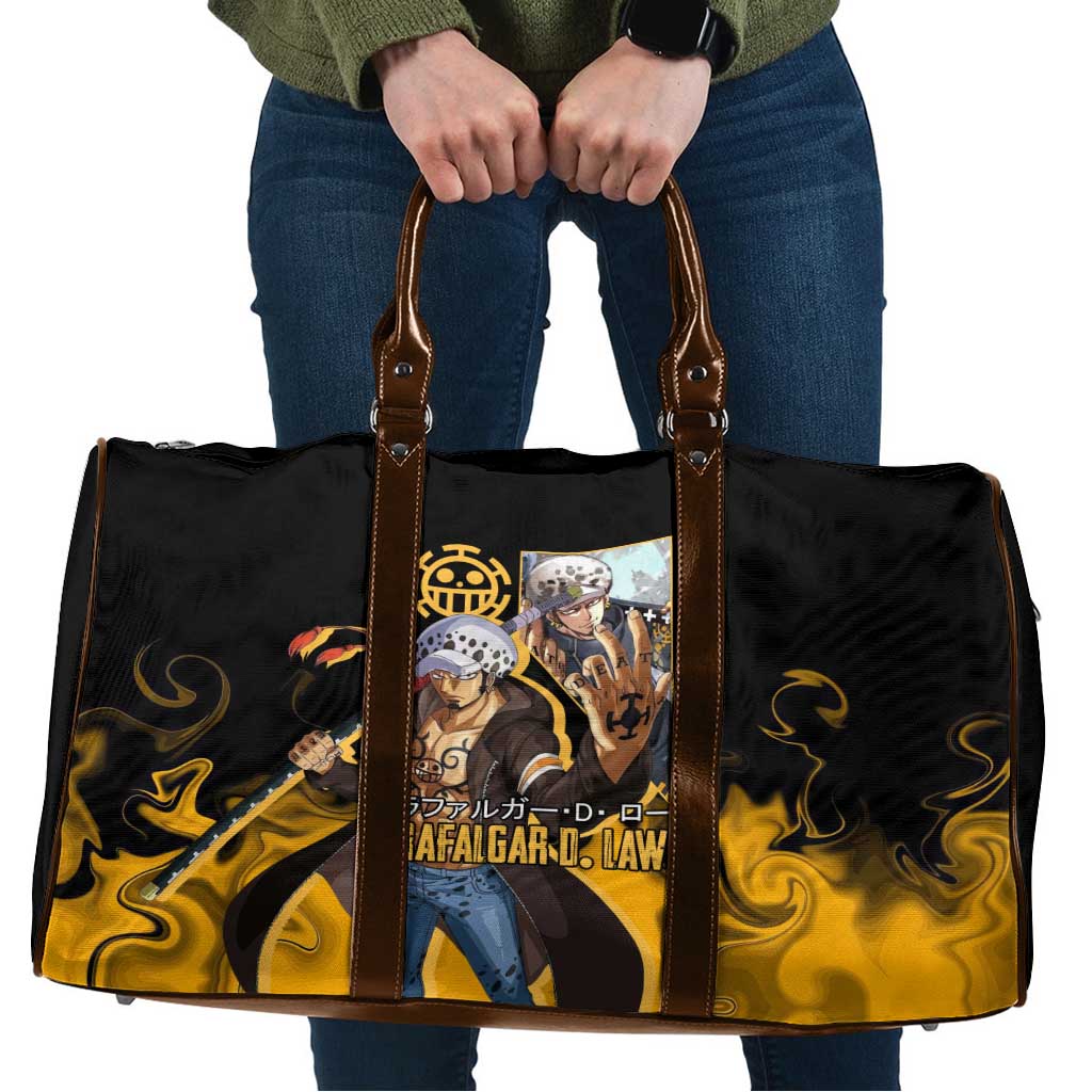 Trafalgar D. Law One Piece Black and Yellow Theme Travel Bag with Heart Pirates Symbol and Flame Pattern Design - The Mazicc