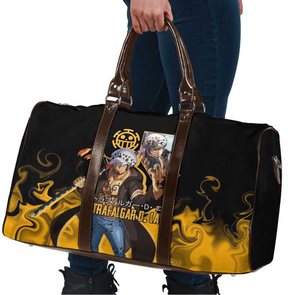 Trafalgar D. Law One Piece Black and Yellow Theme Travel Bag with Heart Pirates Symbol and Flame Pattern Design - The Mazicc