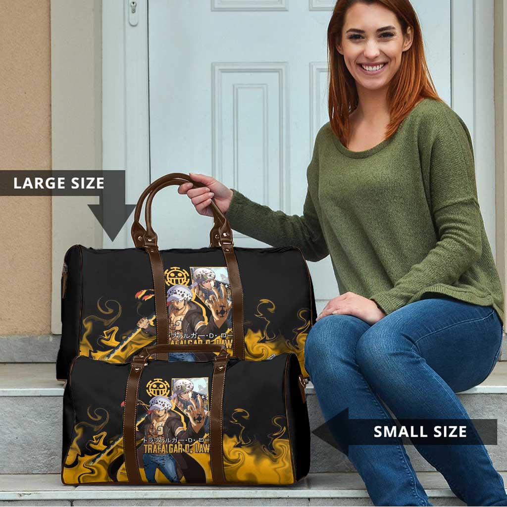 Trafalgar D. Law One Piece Black and Yellow Theme Travel Bag with Heart Pirates Symbol and Flame Pattern Design - The Mazicc