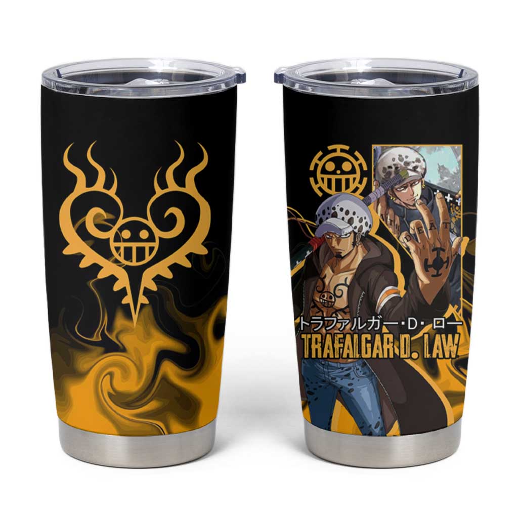Trafalgar D. Law One Piece Black and Yellow Theme Tumbler Cup with Heart Pirates Symbol and Flame Pattern Design - The Mazicc