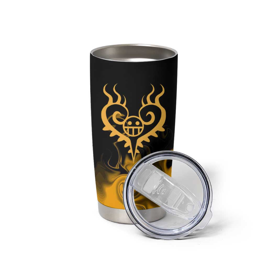 Trafalgar D. Law One Piece Black and Yellow Theme Tumbler Cup with Heart Pirates Symbol and Flame Pattern Design - The Mazicc