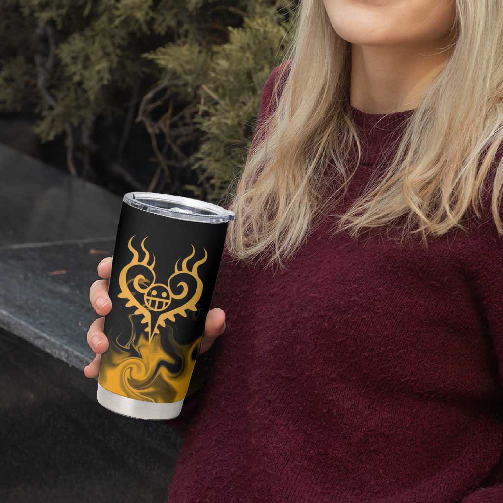 Trafalgar D. Law One Piece Black and Yellow Theme Tumbler Cup with Heart Pirates Symbol and Flame Pattern Design - The Mazicc