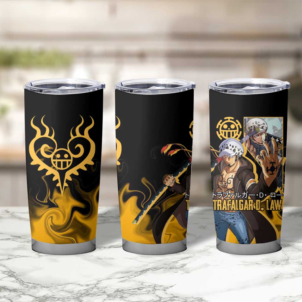 Trafalgar D. Law One Piece Black and Yellow Theme Tumbler Cup with Heart Pirates Symbol and Flame Pattern Design - The Mazicc