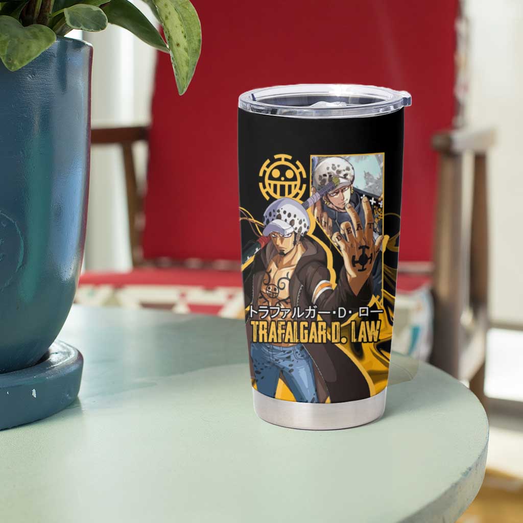 Trafalgar D. Law One Piece Black and Yellow Theme Tumbler Cup with Heart Pirates Symbol and Flame Pattern Design - The Mazicc