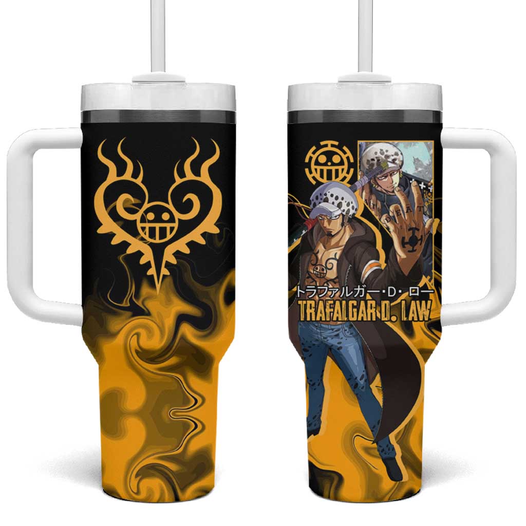 Trafalgar D. Law One Piece Black and Yellow Theme Tumbler With Handle with Heart Pirates Symbol and Flame Pattern Design - The Mazicc