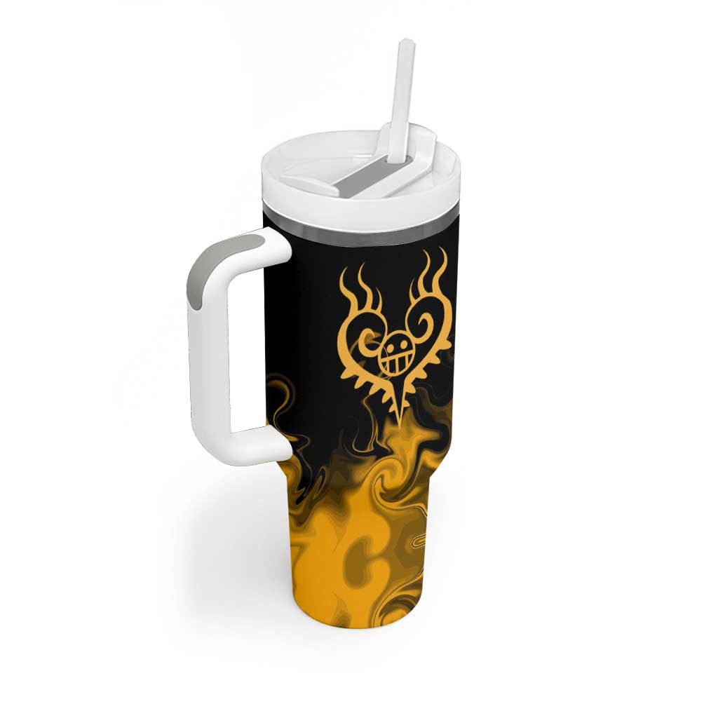 Trafalgar D. Law One Piece Black and Yellow Theme Tumbler With Handle with Heart Pirates Symbol and Flame Pattern Design - The Mazicc