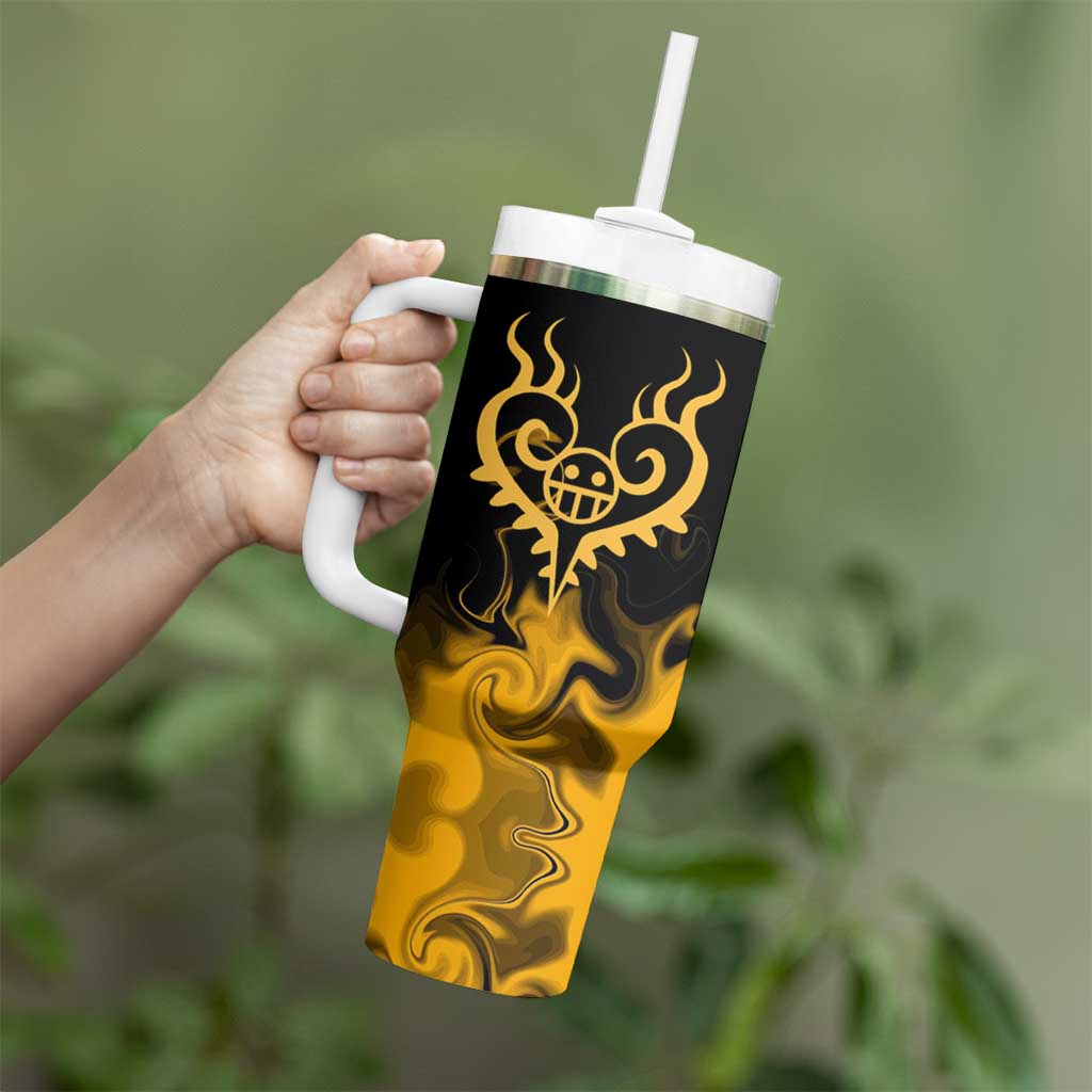 Trafalgar D. Law One Piece Black and Yellow Theme Tumbler With Handle with Heart Pirates Symbol and Flame Pattern Design - The Mazicc