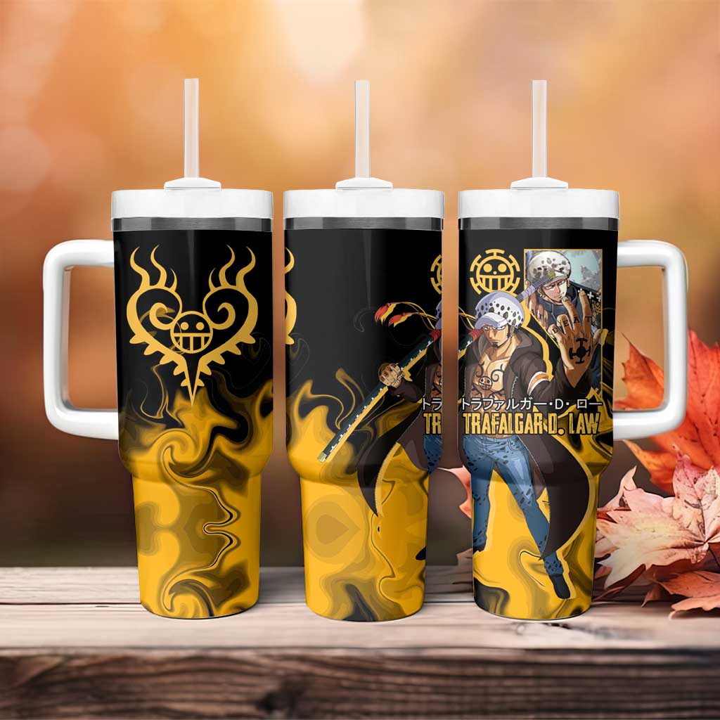 Trafalgar D. Law One Piece Black and Yellow Theme Tumbler With Handle with Heart Pirates Symbol and Flame Pattern Design - The Mazicc