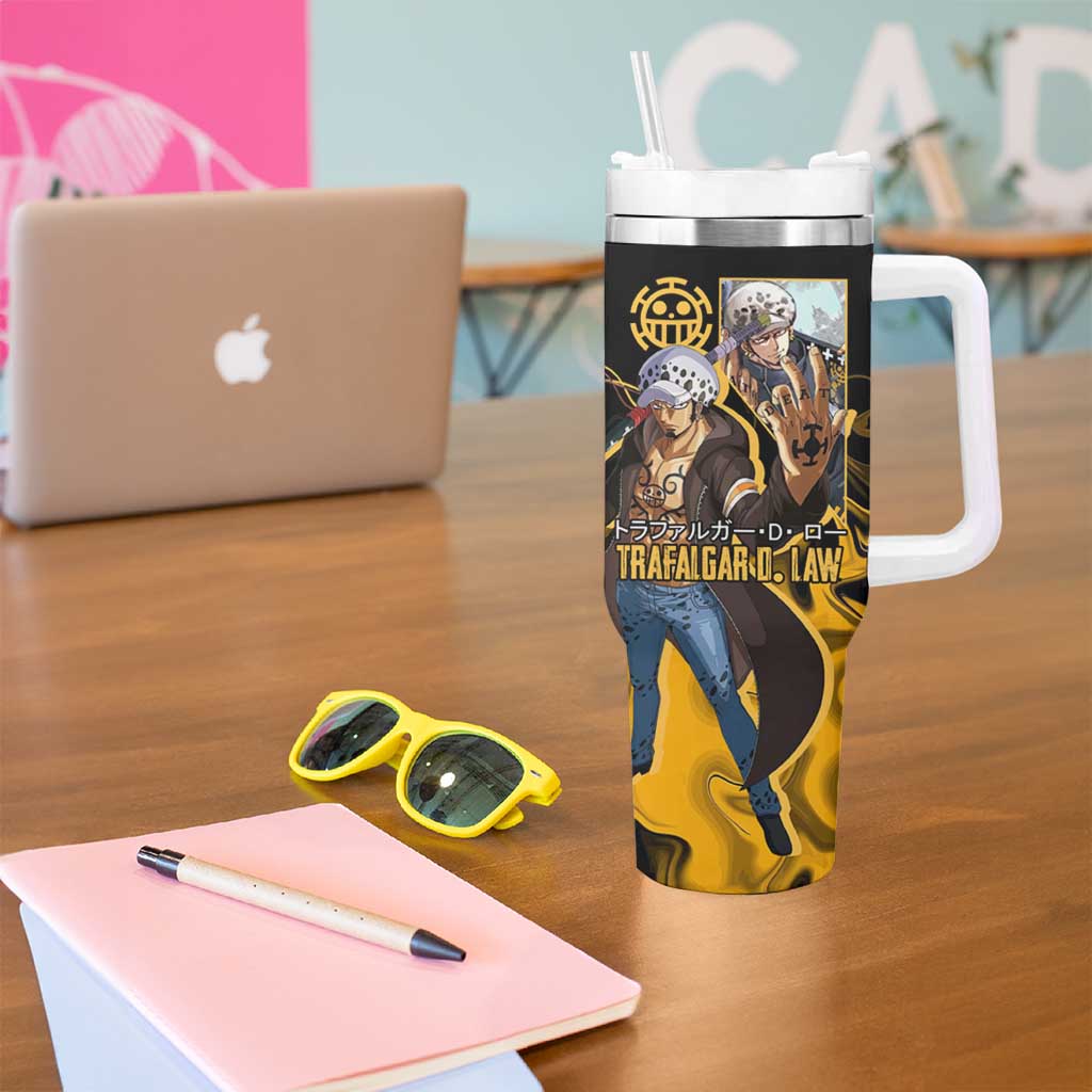 Trafalgar D. Law One Piece Black and Yellow Theme Tumbler With Handle with Heart Pirates Symbol and Flame Pattern Design - The Mazicc