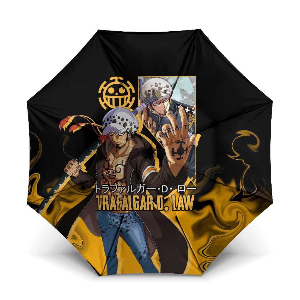 Trafalgar D. Law One Piece Black and Yellow Theme Umbrella with Heart Pirates Symbol and Flame Pattern Design - The Mazicc