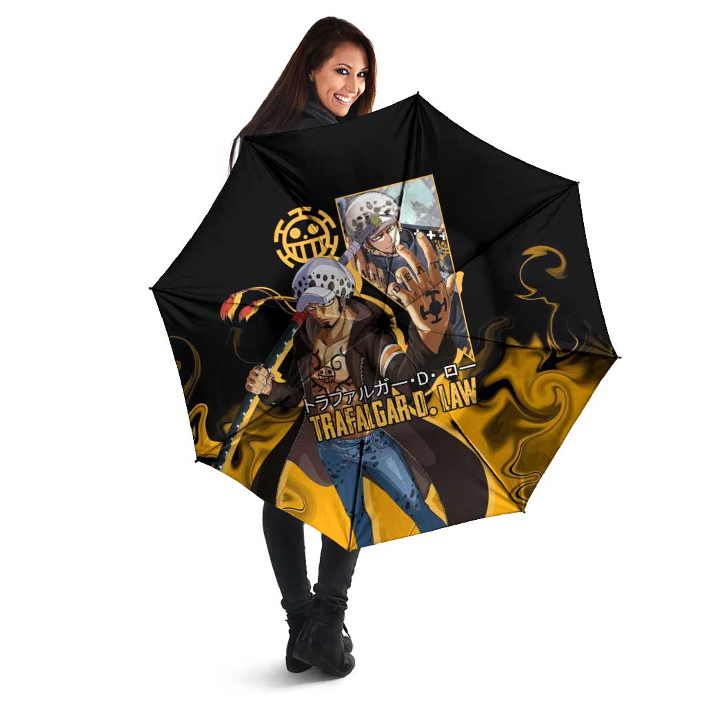 Trafalgar D. Law One Piece Black and Yellow Theme Umbrella with Heart Pirates Symbol and Flame Pattern Design - The Mazicc