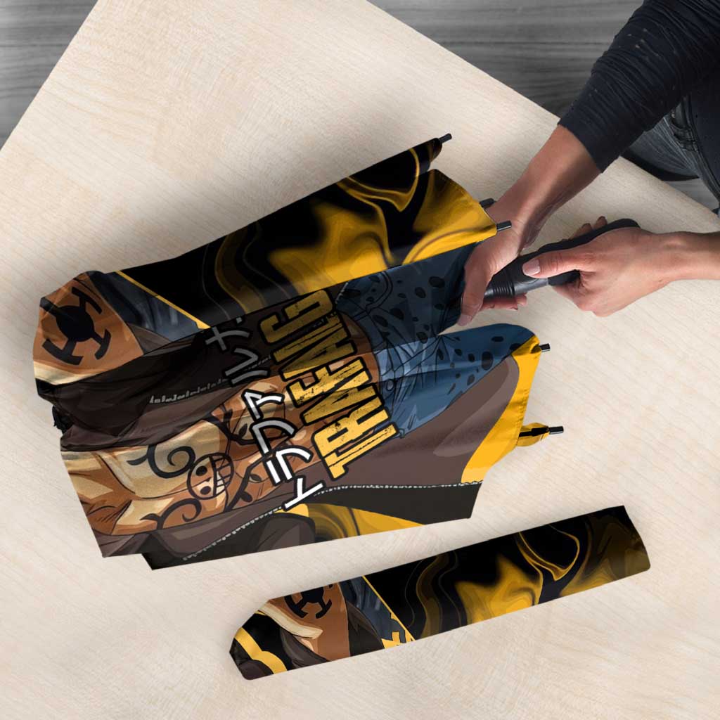 Trafalgar D. Law One Piece Black and Yellow Theme Umbrella with Heart Pirates Symbol and Flame Pattern Design - The Mazicc