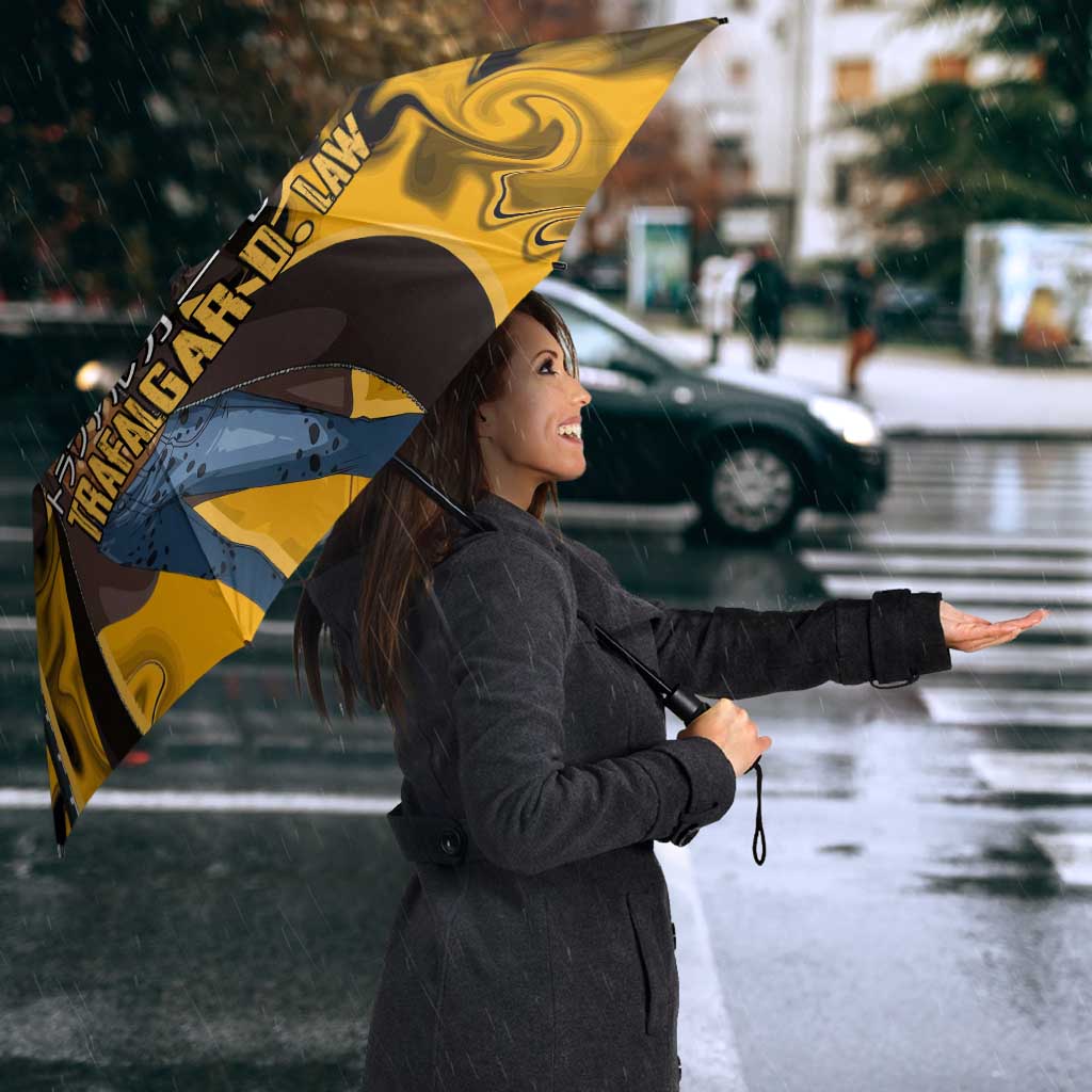 Trafalgar D. Law One Piece Black and Yellow Theme Umbrella with Heart Pirates Symbol and Flame Pattern Design - The Mazicc