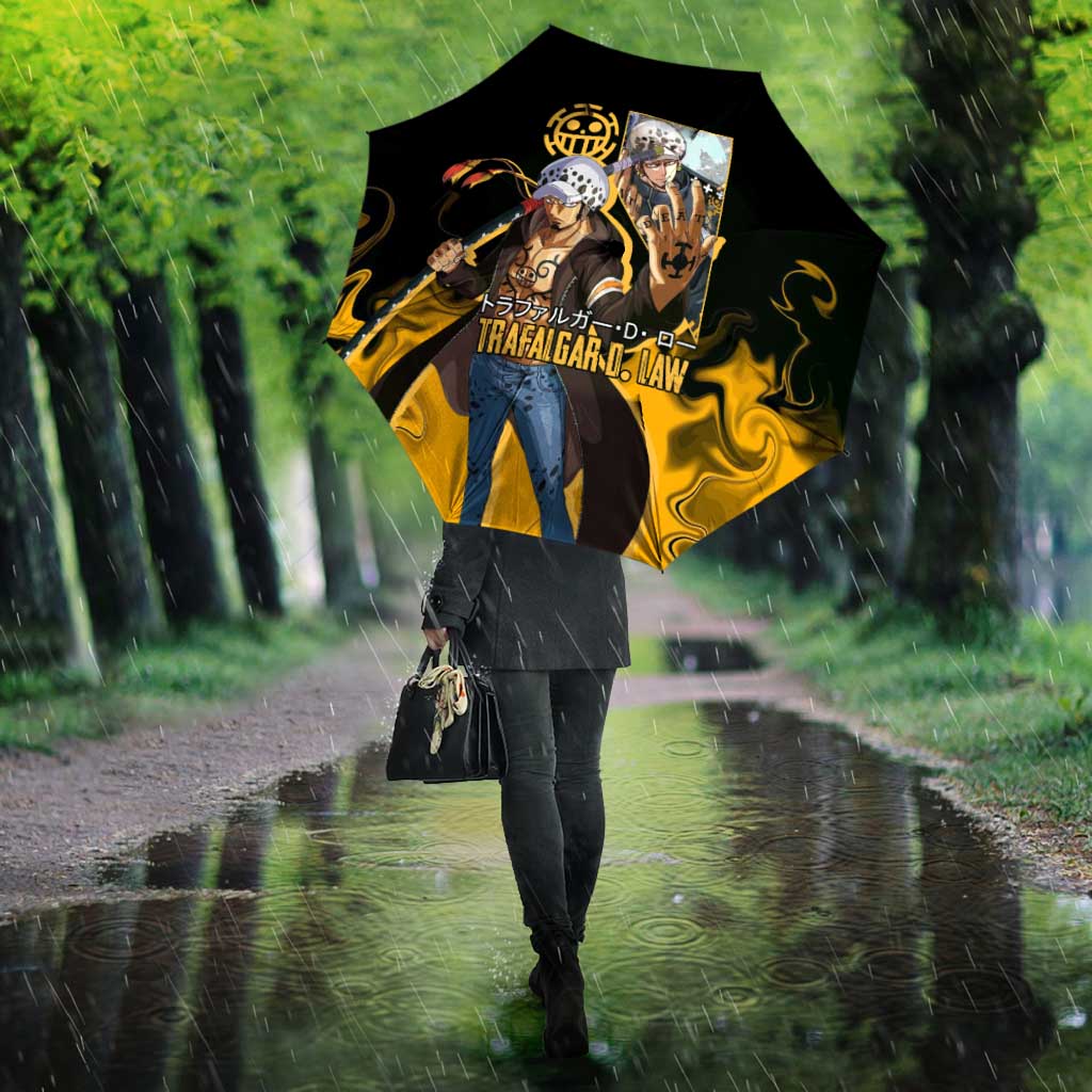 Trafalgar D. Law One Piece Black and Yellow Theme Umbrella with Heart Pirates Symbol and Flame Pattern Design - The Mazicc