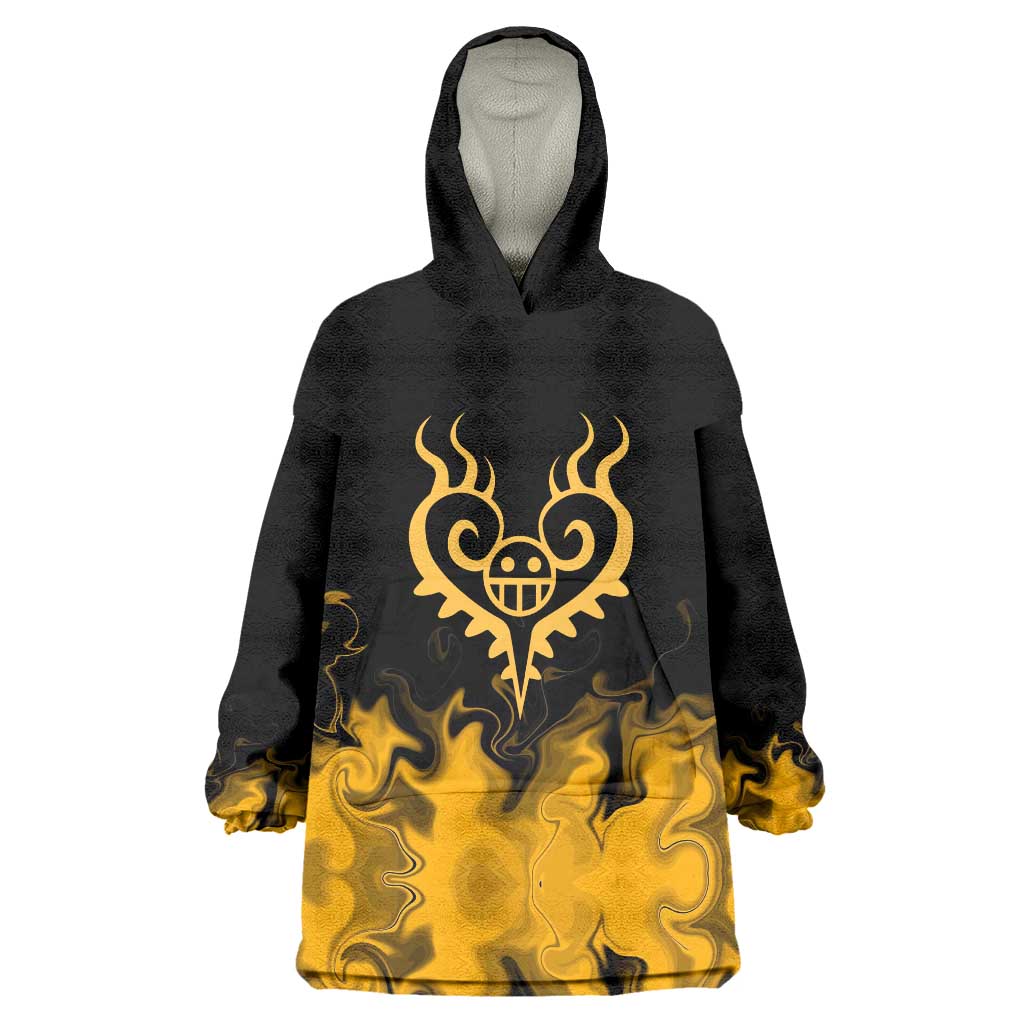 Trafalgar D. Law One Piece Black and Yellow Theme Wearable Blanket Hoodie with Heart Pirates Symbol and Flame Pattern Design - The Mazicc