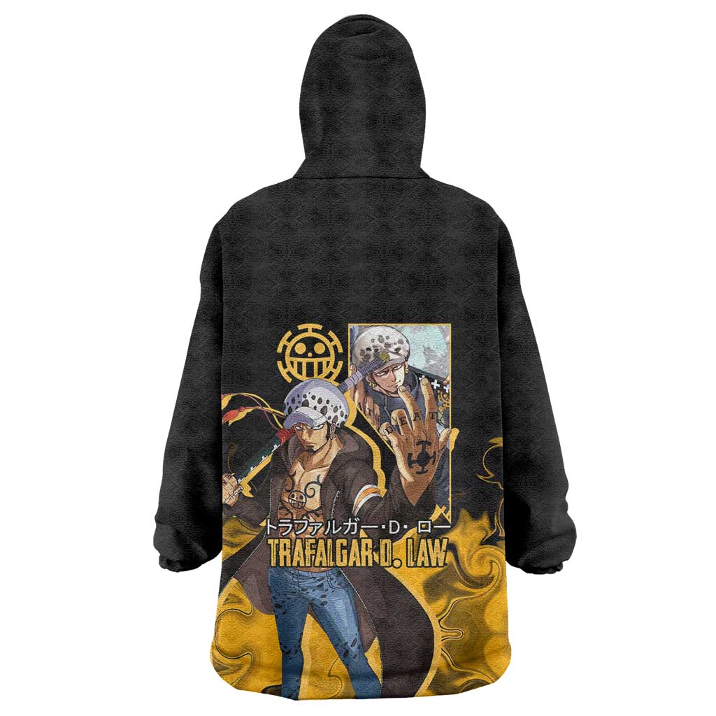 Trafalgar D. Law One Piece Black and Yellow Theme Wearable Blanket Hoodie with Heart Pirates Symbol and Flame Pattern Design - The Mazicc