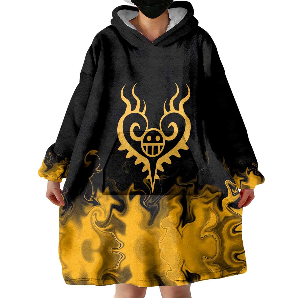 Trafalgar D. Law One Piece Black and Yellow Theme Wearable Blanket Hoodie with Heart Pirates Symbol and Flame Pattern Design - The Mazicc