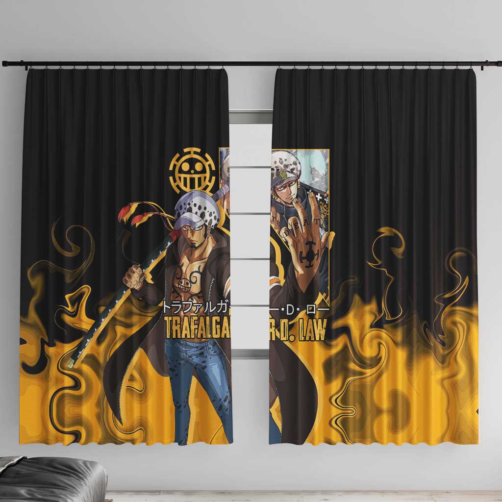 Trafalgar D. Law One Piece Black and Yellow Theme Window Curtain with Heart Pirates Symbol and Flame Pattern Design - The Mazicc