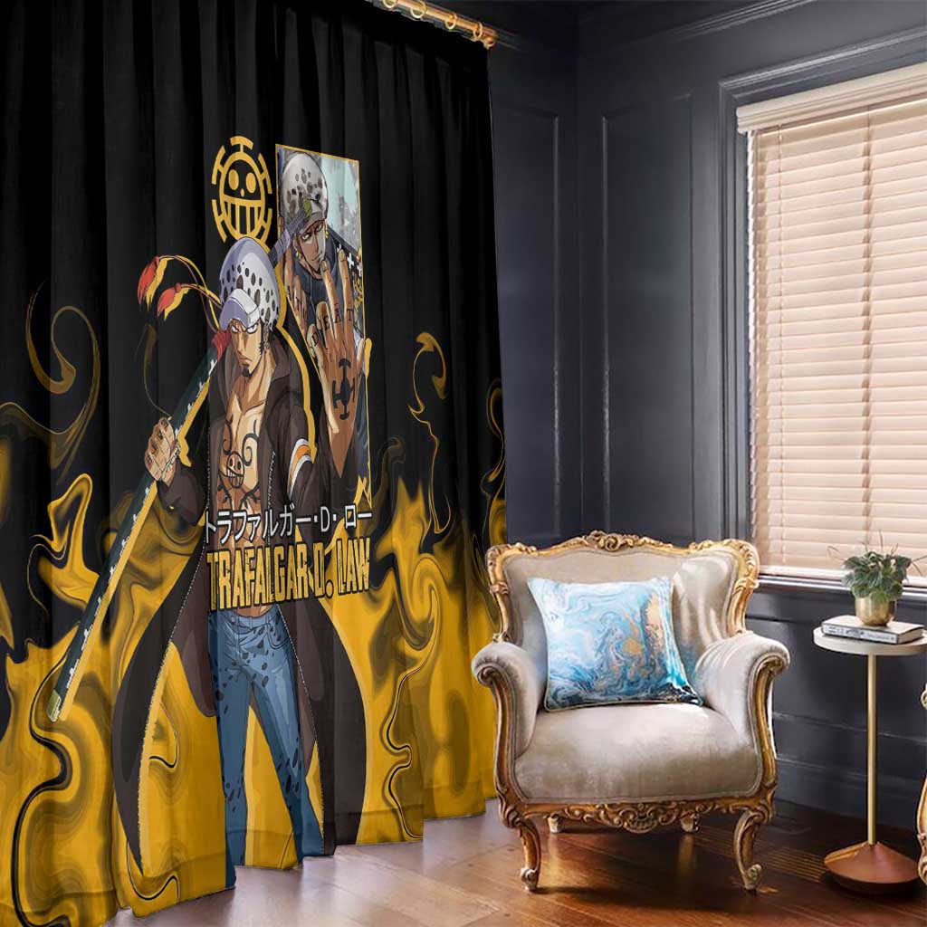 Trafalgar D. Law One Piece Black and Yellow Theme Window Curtain with Heart Pirates Symbol and Flame Pattern Design - The Mazicc