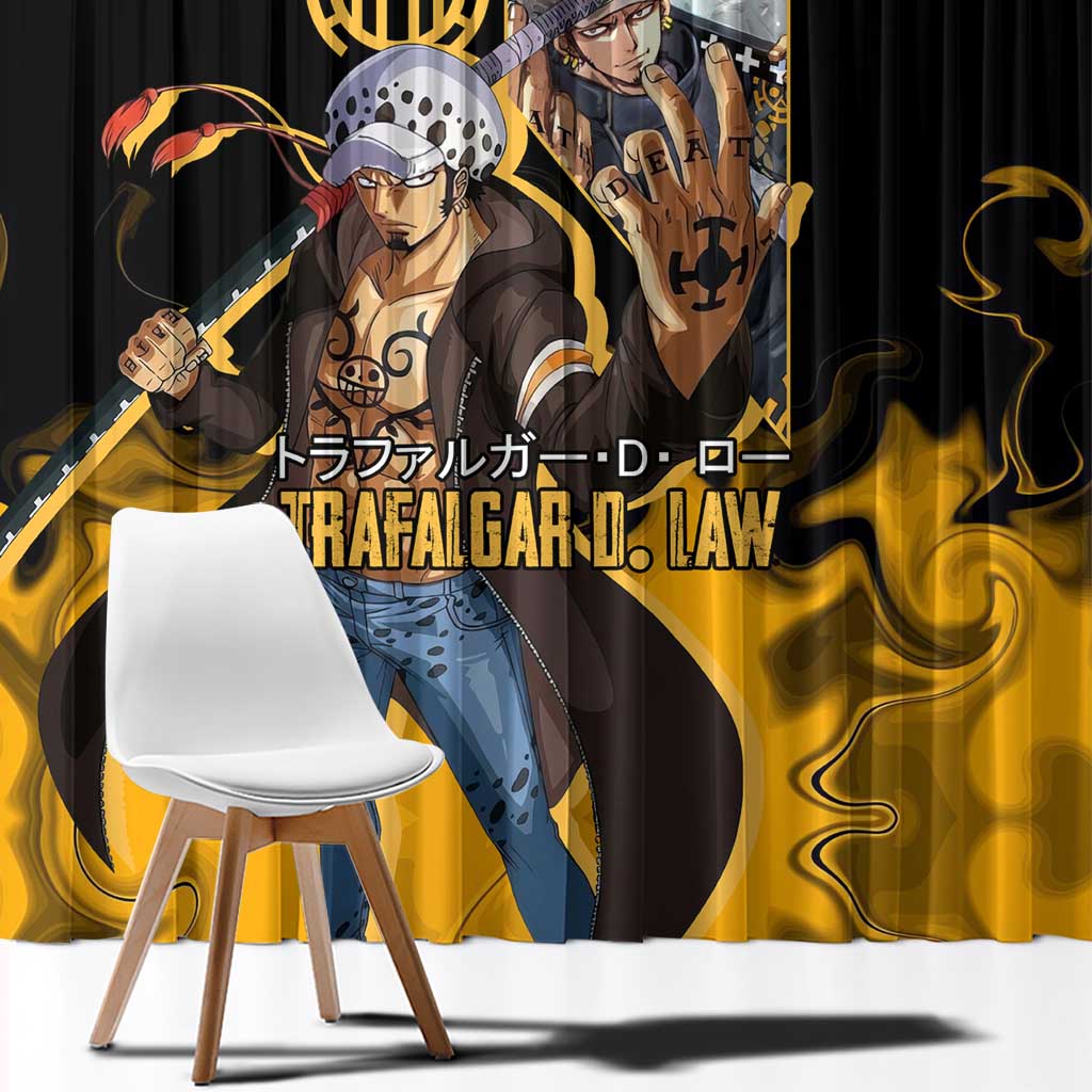 Trafalgar D. Law One Piece Black and Yellow Theme Window Curtain with Heart Pirates Symbol and Flame Pattern Design - The Mazicc