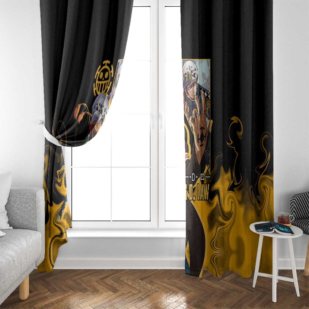 Trafalgar D. Law One Piece Black and Yellow Theme Window Curtain with Heart Pirates Symbol and Flame Pattern Design - The Mazicc