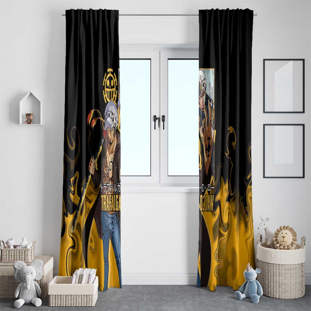 Trafalgar D. Law One Piece Black and Yellow Theme Window Curtain with Heart Pirates Symbol and Flame Pattern Design - The Mazicc